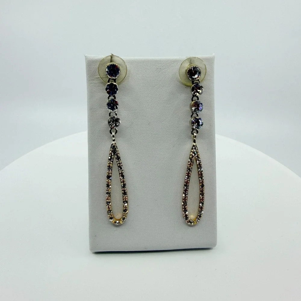 Vintage Gold Tone Dangle Earrings AB Rhinestone Teardrop Open Hoop Statement Y2K